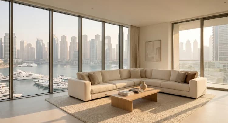 Dubai Marina apartment interior with floor-to-ceiling windows and waterfront skyline view
