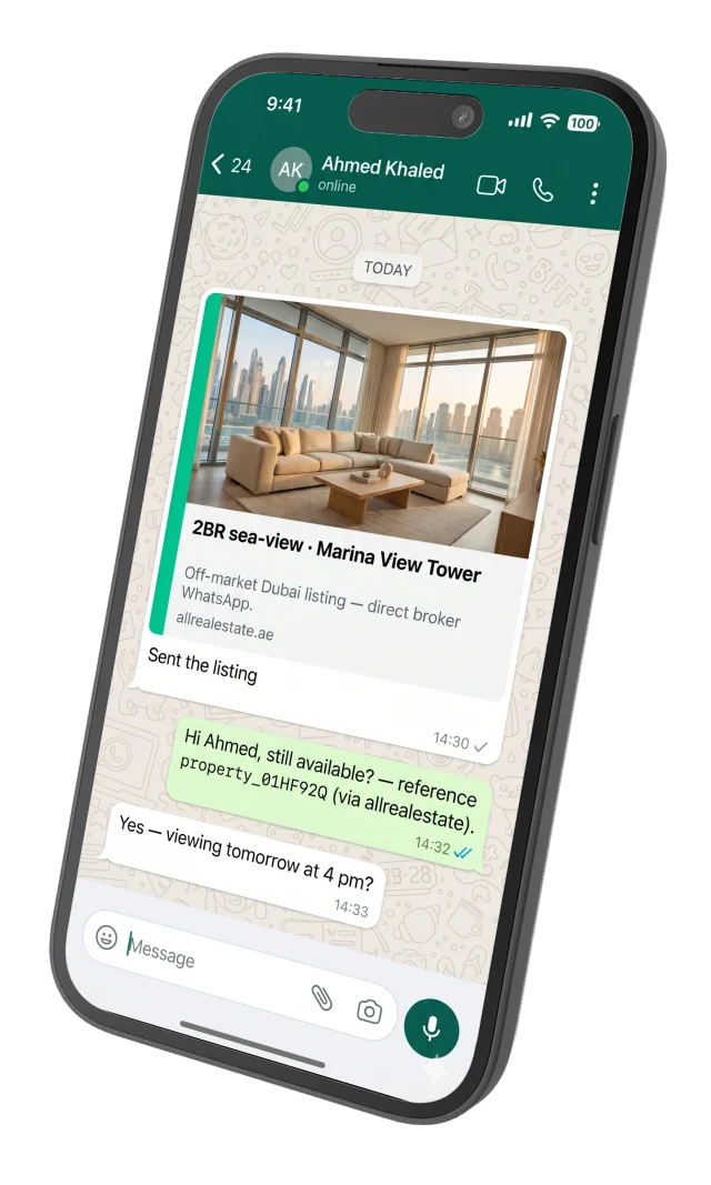 iPhone showing a WhatsApp chat with a Dubai broker - the private link unfurls to a client folio card, the client's pre-filled reference message follows, and the broker confirms a viewing.